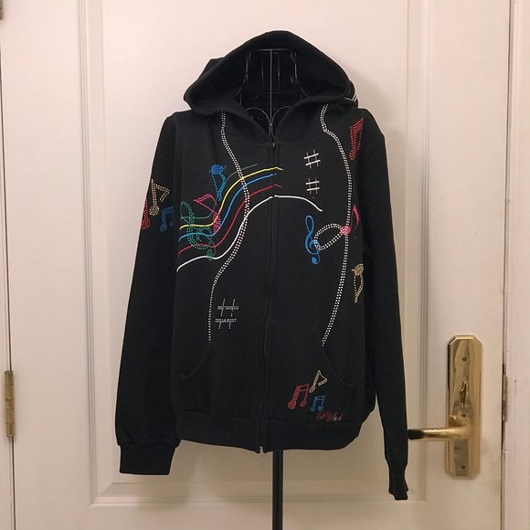 Rare Platinum Plush Black Full Zip Fleece Hoodie With Multicolor Musical Notes - Picture 1 of 10
